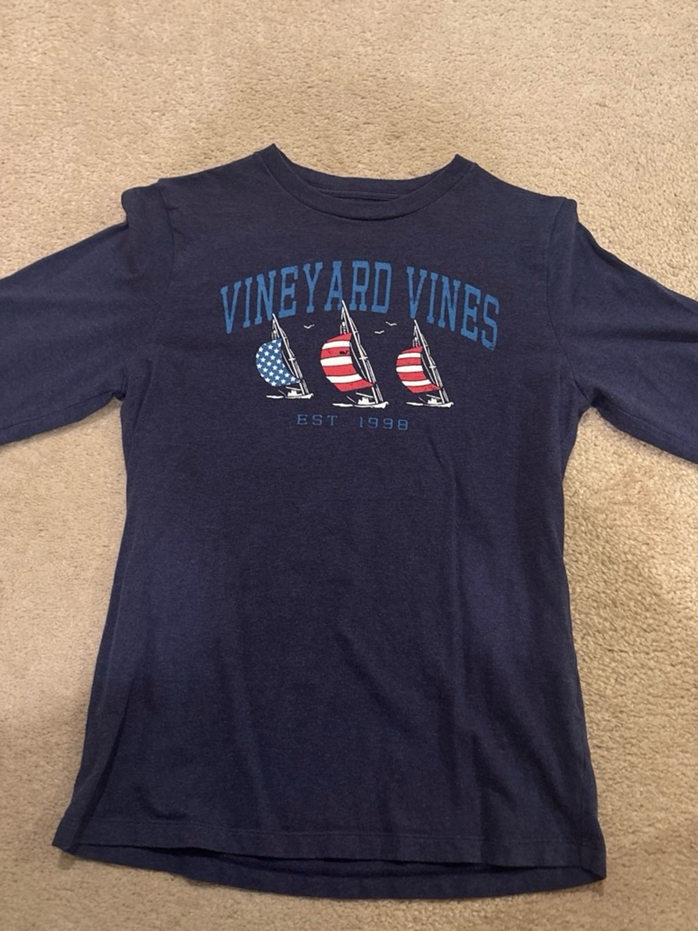 Vineyard Vines Navy Long Sleeve Tee with Patriotic Sailboat Graphic
